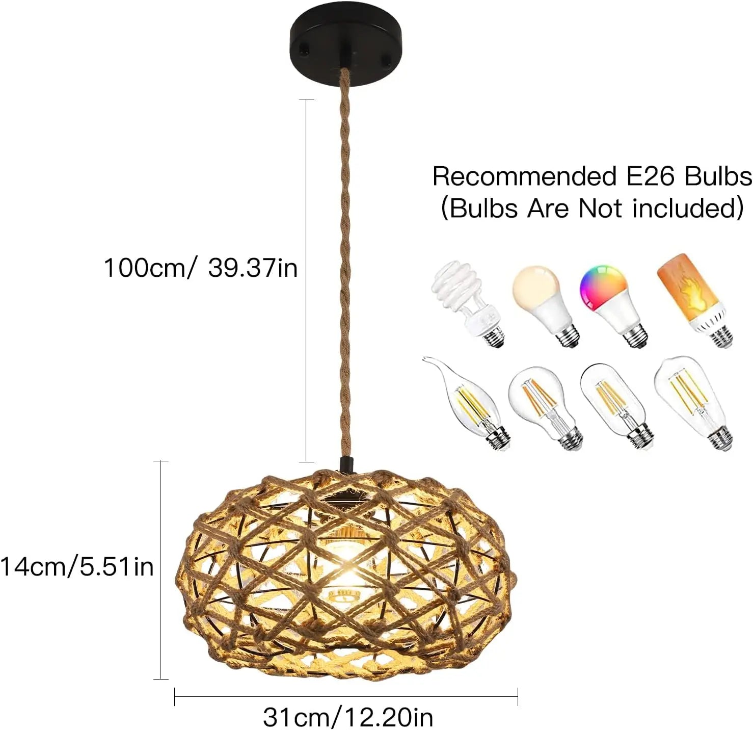 Woven Pendant Light,Boho Chandelier Light Fixture,Farmhouse Rattan Pendant Lights,For Bedroom, Farmhouse (Bulb Not Included)