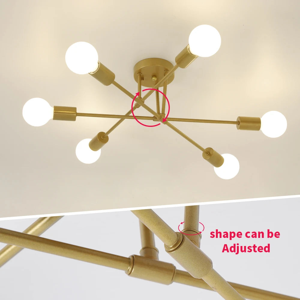 Modern Sputnik Ceiling Light,Adjustable 6-light E27 Chandelier,Vintage Industrial Pendant Mounting For Bedroom（Bulb not included