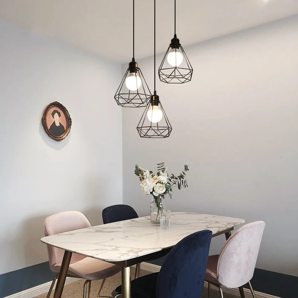 Vintage Pendant Lamps,3-heads Industrial Metal Chandelier E27 Ceiling Lighting in Geometric Cage Style(Bulb Not Included)