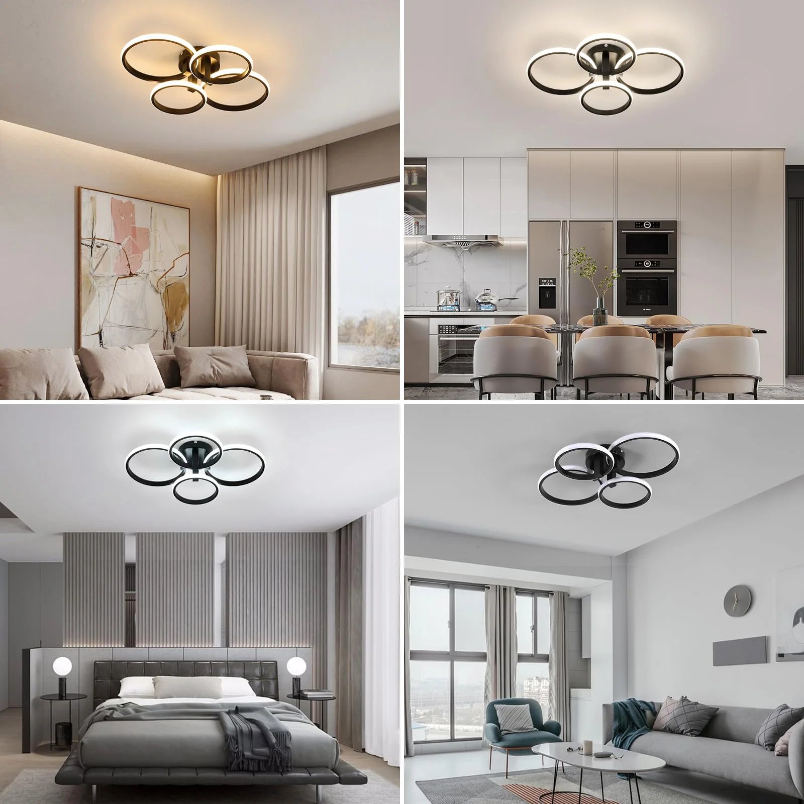 Modern 4-Ring LED Ceiling Light, 76W Dimmable 3 Color Change Flush Mount Lamp with Remote Control Black Fixture for Living Room Bedroom