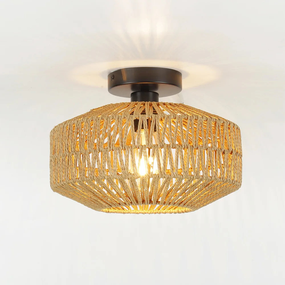 Rattan Ceiling Light Lighting,Hand Woven Ceiling Lamp Flush Mount Ceiling Lights Vintage Lighting Fixtures（Bulb not included）