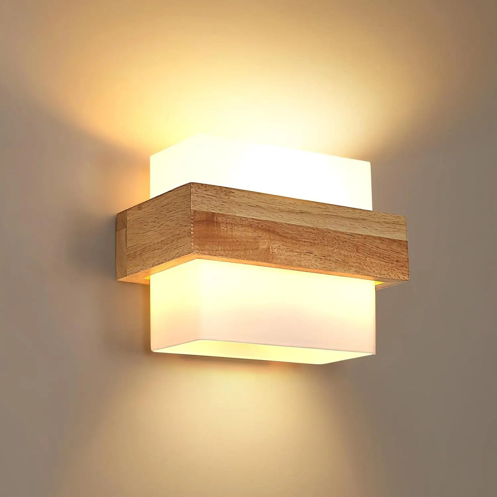 Wooden Wall Lights Indoor,Square Wall Lamps with Fabric Lampshade, E27 Wall Lighting Fixtures for Bedside Bedroom Living Room Corridor Dining Room Hallway（Bulb not included）