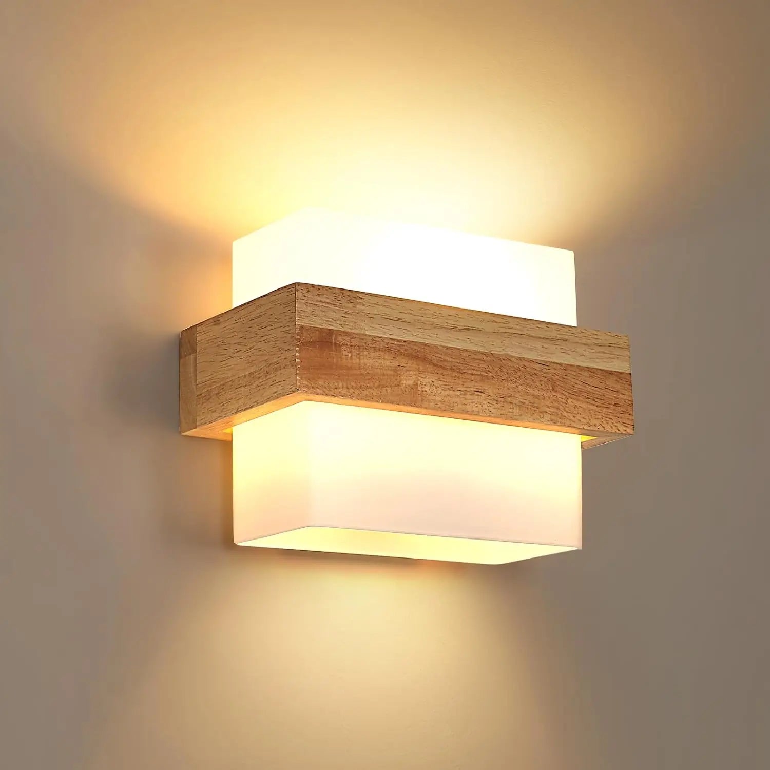 Wooden Wall Lights Indoor,Square Wall Lamps with Fabric Lampshade, E27 Wall Lighting Fixtures for Bedside Bedroom Living Room Corridor Dining Room Hallway（Bulb not included）