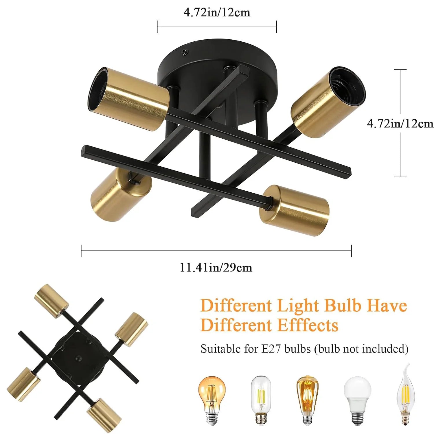 Industrial Ceiling Light,E27 Base Vintage Ceiling Light 4 Lamps Retro Metal Ceiling Lamp for Living Room（Bulb not included）