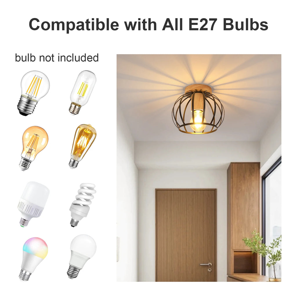 Vintage Ceiling Light,E27 Socket Retro Geometric Ceiling Lampshade Metal Cage for Hallway,Attic, Balcony, Diameter 19cm,Black（Bulb Not Included）
