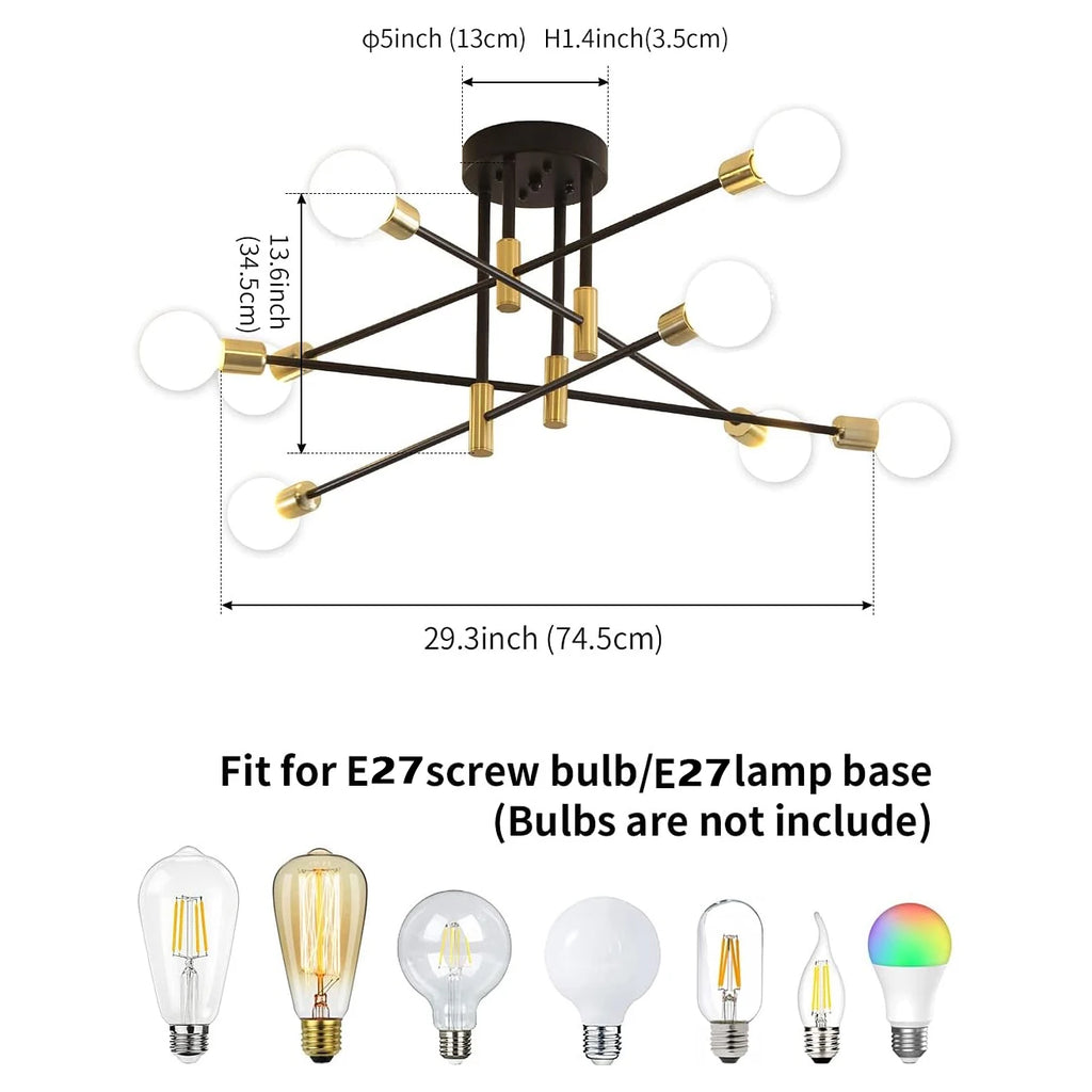 8-Light Ceiling Lamp,E27 Base Industrial Ceiling Lights,Ceiling Lamp for Dining Room,Bedroom(Bulb Not Included)