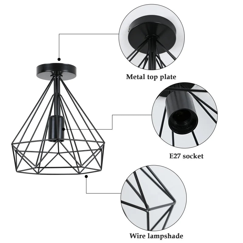 Semi Flush Mount Ceiling Light,Industrial E27 Base Diamond Cage Ceiling Light Fixtures for Hallway（Bulb not included）