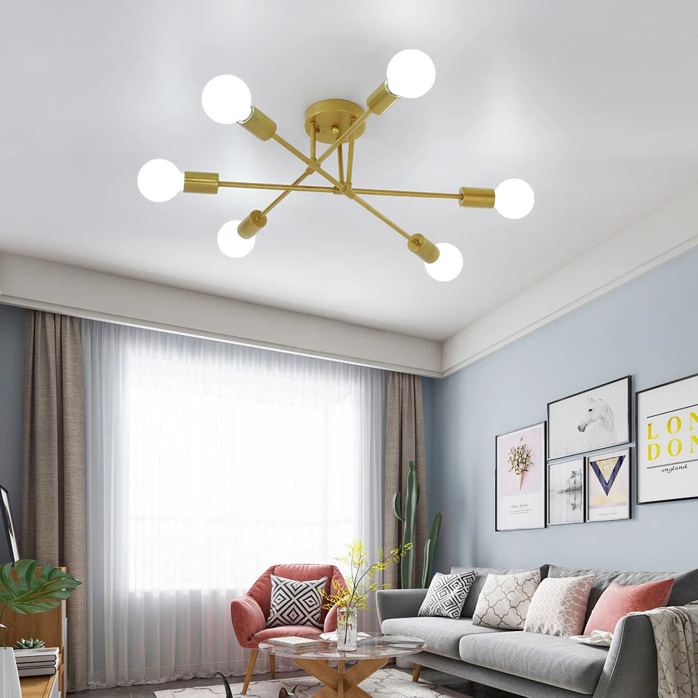 Modern Sputnik Ceiling Light,Adjustable 6-light E27 Chandelier,Vintage Industrial Pendant Mounting For Bedroom（Bulb not included