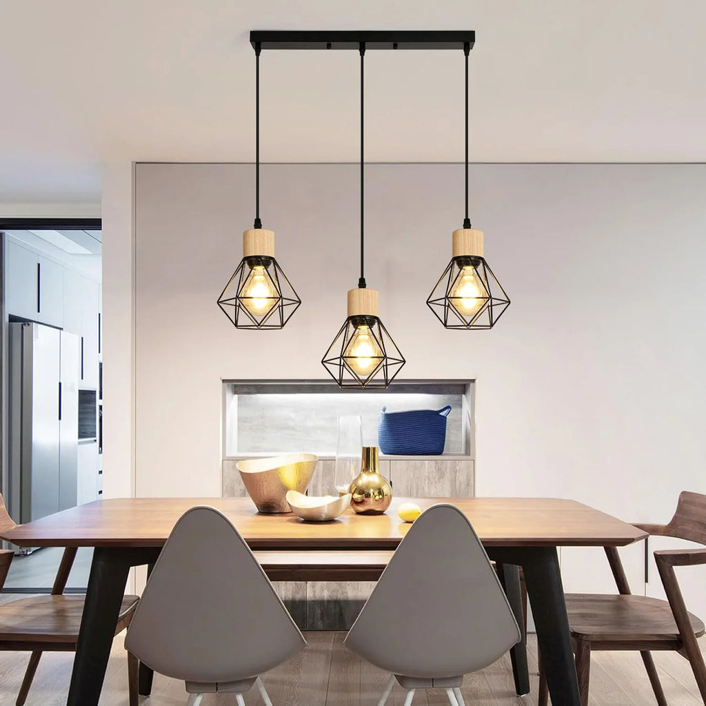 Modern Iron Chandelier,E27 3-Head Black Diamond Chandelier,Height Adjustable,Suitable for Restaurant（Bulb not included）