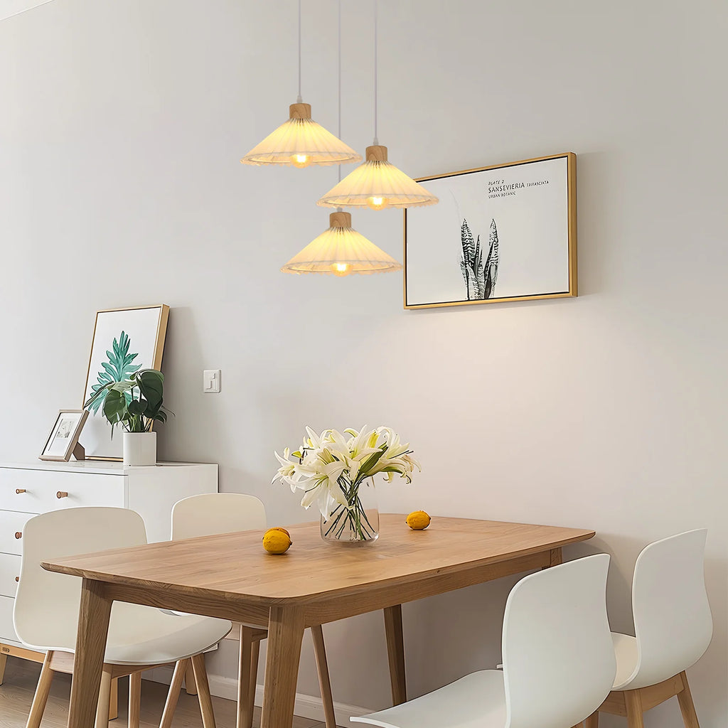 Nordic Pendant Lamp,Chandelier with Pleated Fabric and Wood,3 Lights with 1.2 m Adjustable Cable,E27 Socket（Bulb not included）