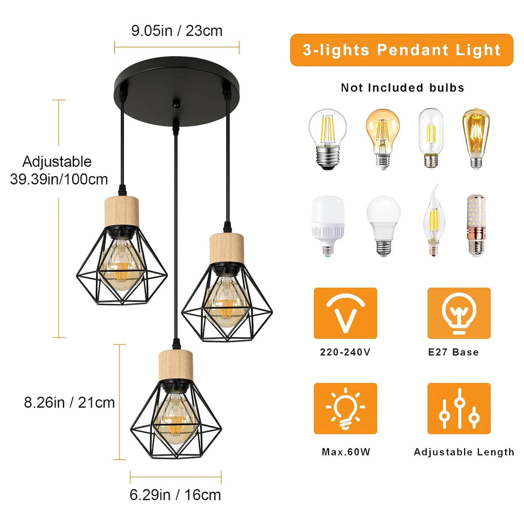 Vintage Pendant Lamps,3-heads Industrial Metal Chandelier E27 Ceiling Lighting in Geometric Cage Style(Bulb Not Included)