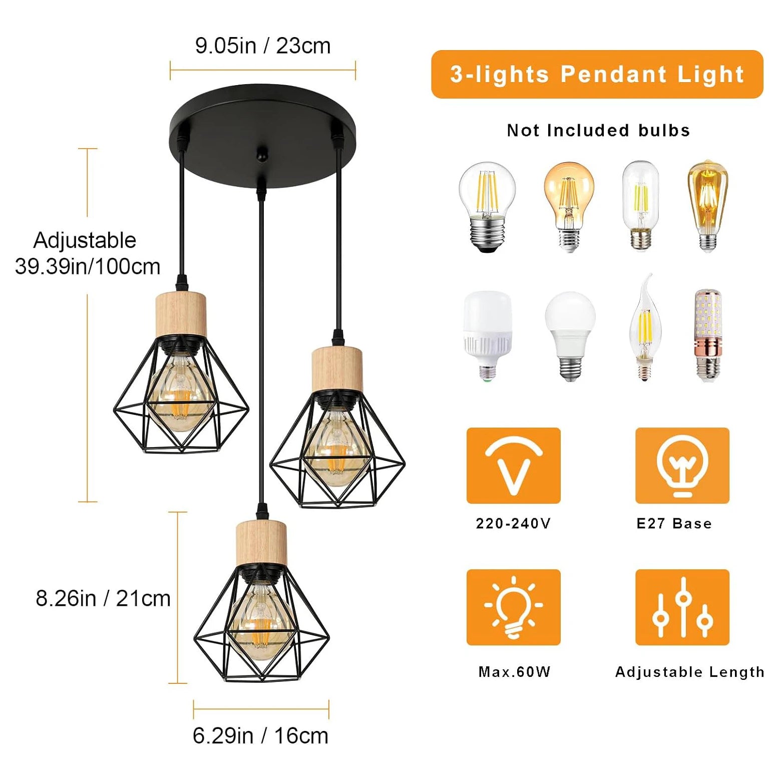 Vintage Pendant Lamps,3-heads Industrial Metal Chandelier E27 Ceiling Lighting in Geometric Cage Style(Bulb Not Included)