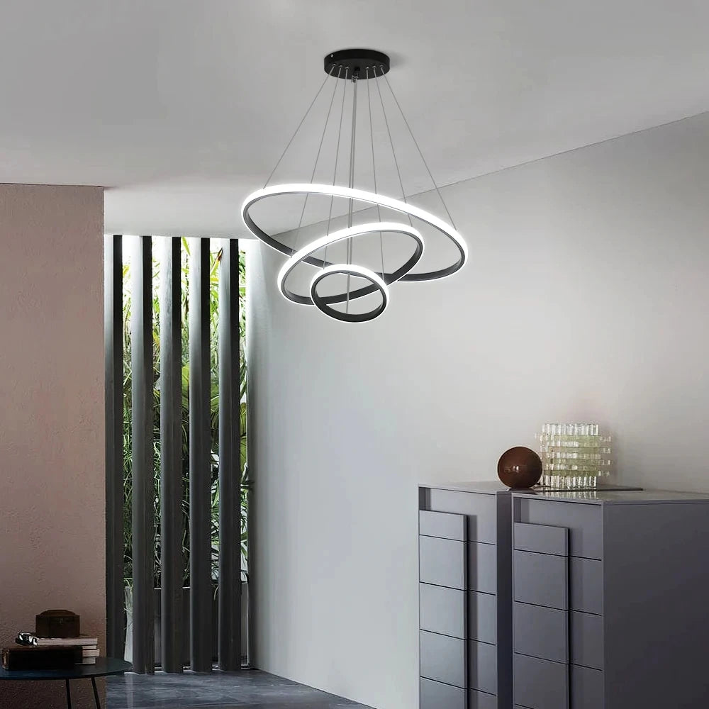36W LED Chandelier,Dimmable 3000K-6500K Contemporary Chandeliers,Hanging 3 Rings Foyer Pendant Lights For Dinning Room