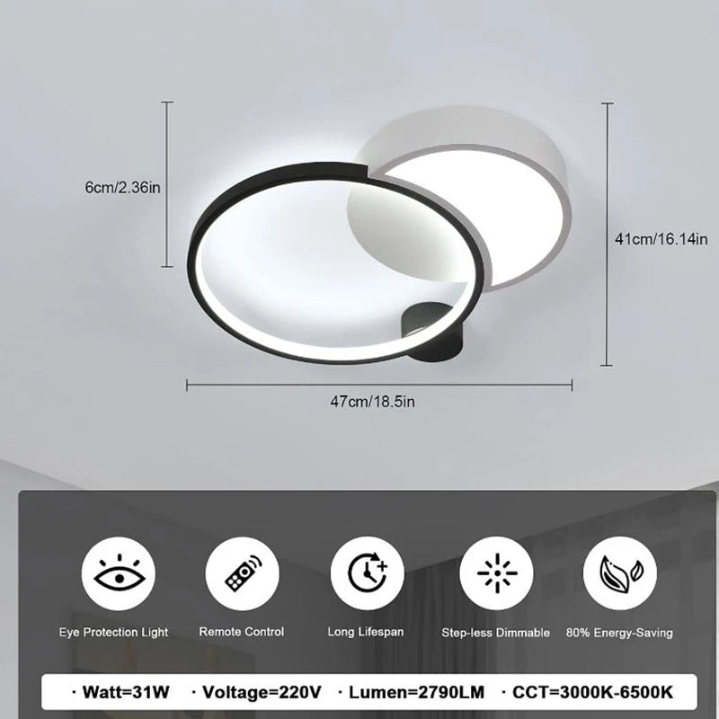 Dimmable LED Ceiling Light,Modern Black White Round Lights with Remote Control,31W 2790LM Dimmable 3000K-6500K Ceiling Lamp