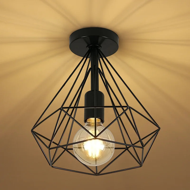 Semi Flush Mount Ceiling Light,Industrial E27 Base Diamond Cage Ceiling Light Fixtures for Hallway（Bulb not included）