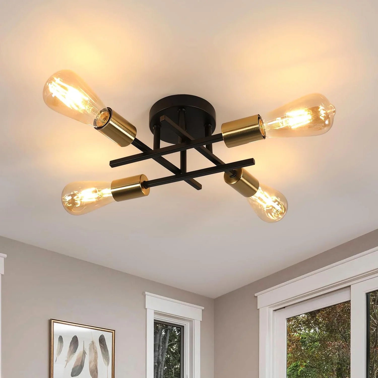 Industrial Ceiling Light,E27 Base Vintage Ceiling Light 4 Lamps Retro Metal Ceiling Lamp for Living Room（Bulb not included）