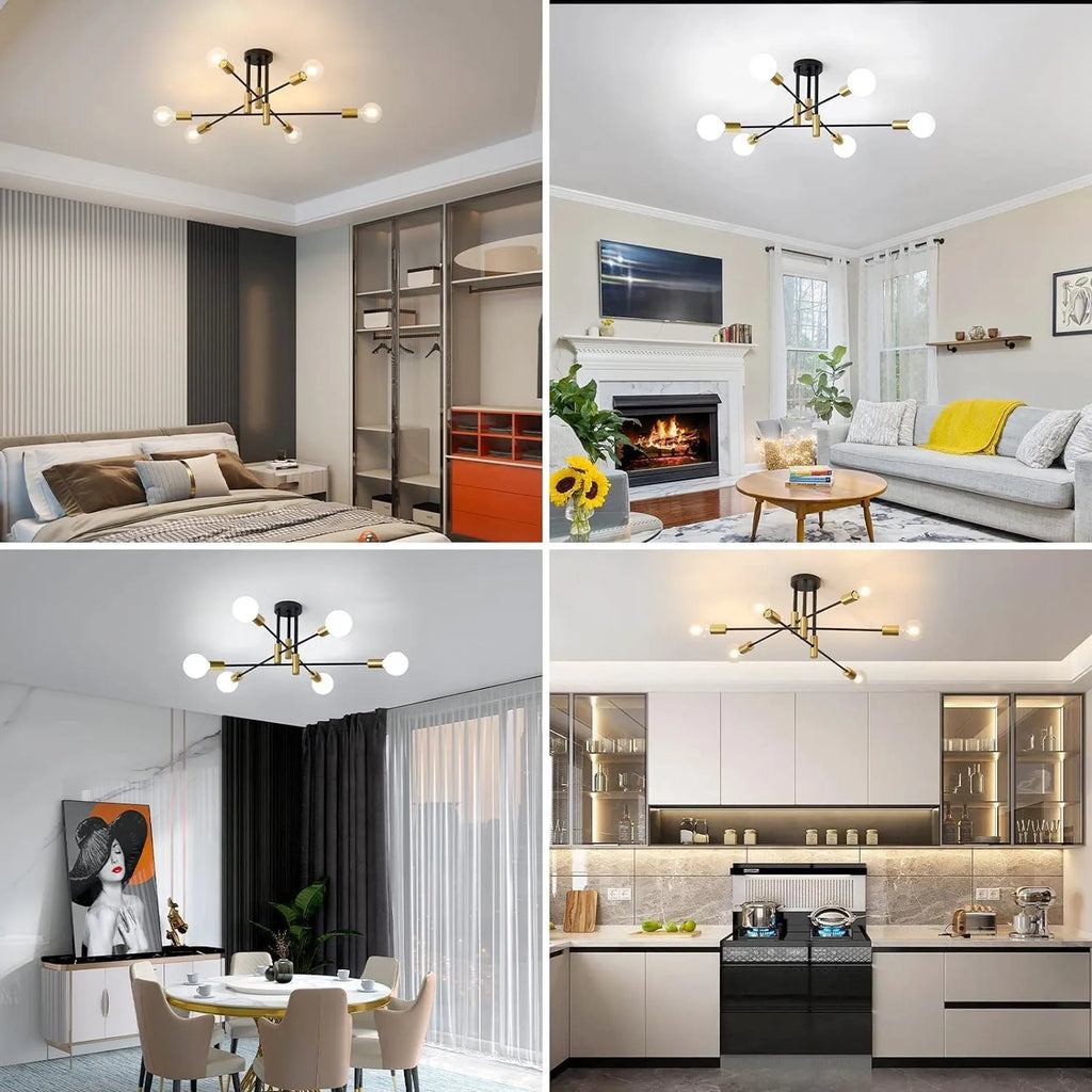 Sputnik Ceiling Light,6 Lights E27 Vintage Flush Mount,Semi-Flush Fitting Chandelier Light for Living Room（Bulb not included）
