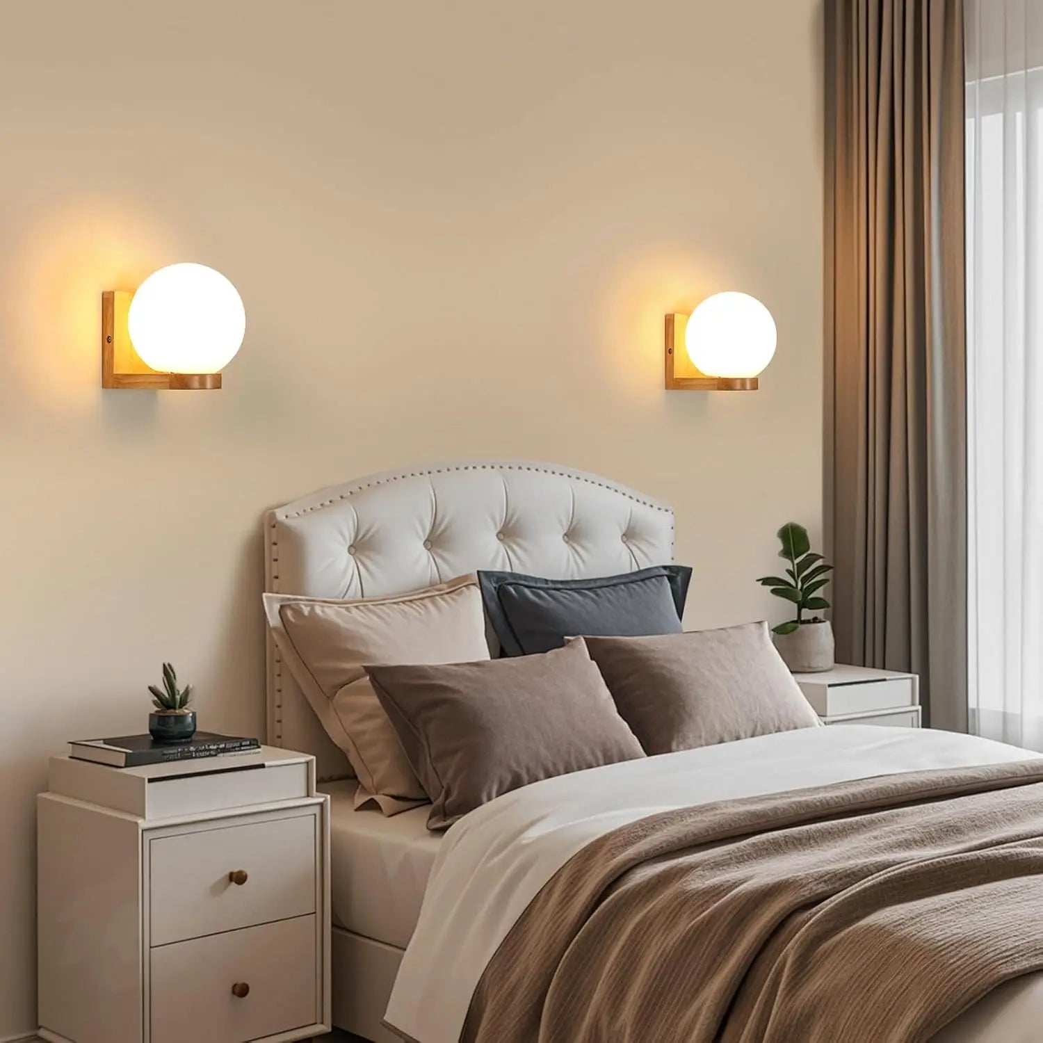 Nordic Solid Wood Wall Lamp, Globe Glass Lampshade Wall Sconce Without Bulb Indoor Bedroom Bedside Corridor Decor Wall Light Fixture