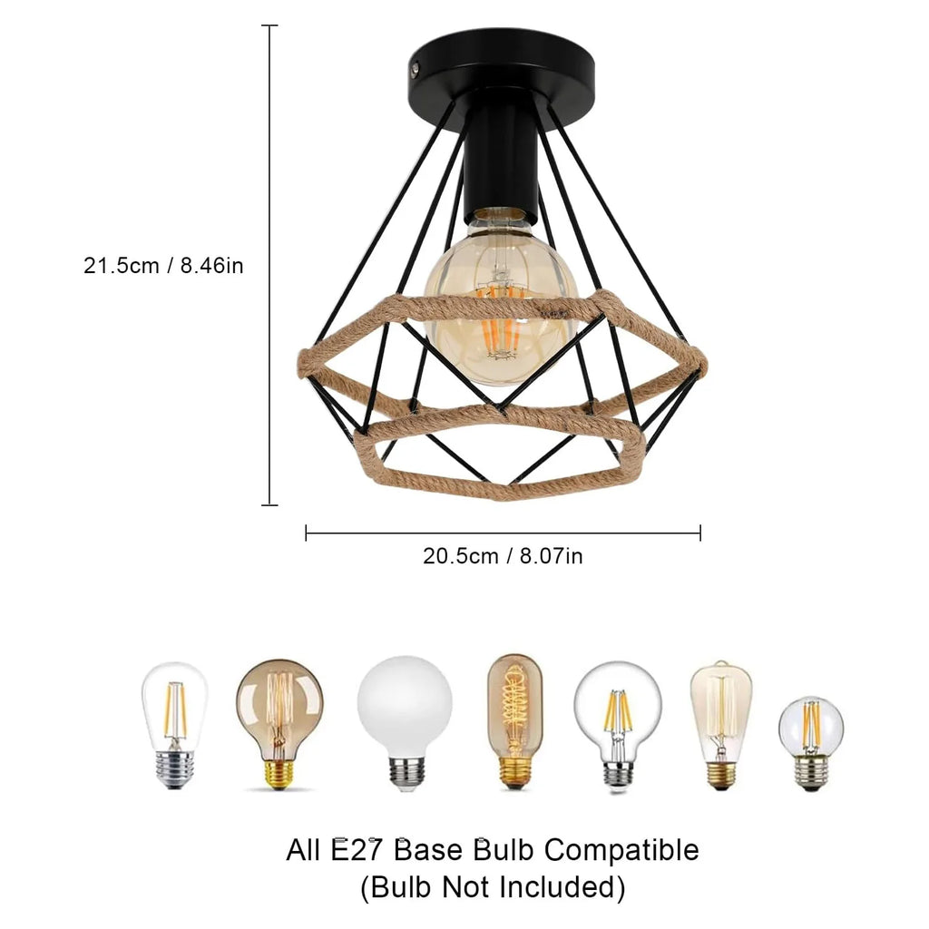 Hemp Rope Pendant Lamp,E27 Base Iron Cage Ceiling Hanging Light Retro Indoor Lighting Chandelier for Home（Bulb not included）