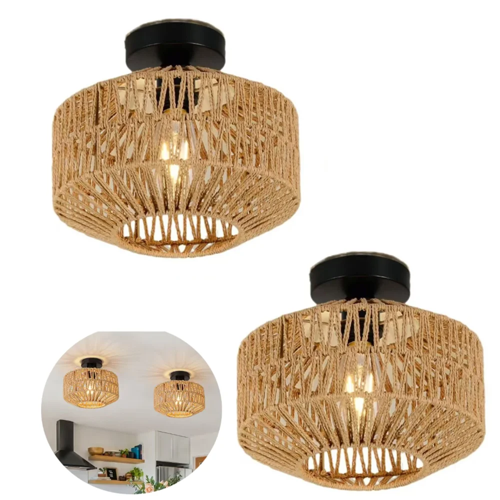 Rattan Chandeliers,Hand Woven Ceiling Lamp Flush Mount Ceiling Lights Vintage Lighting Fixtures E27 Lights（Bulb not included）