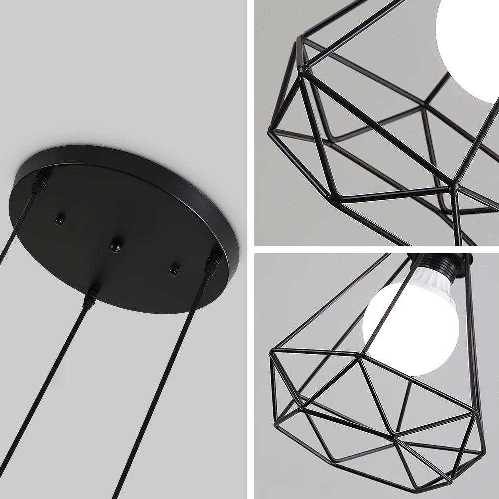 3 Head Ceiling Pendant Lights 20cm Black Wire Lampshade Diamond Cage Design E27 1m Adjustable Hanging Fixer（Bulb not included）