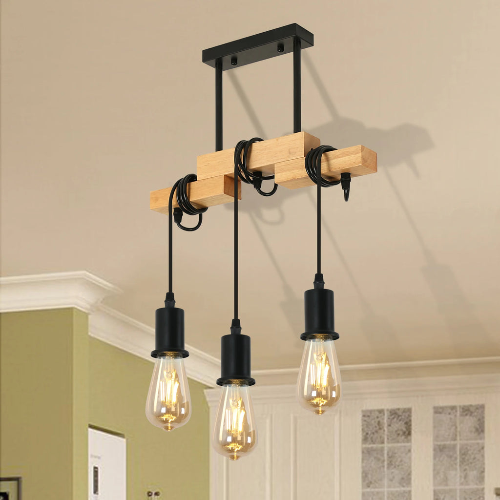 Vintage Chandelier,Retro Pendant Lamp in Wood and Black Metal,E27 Base Wire Wrapped Pendant Lamp (Bulb not included)