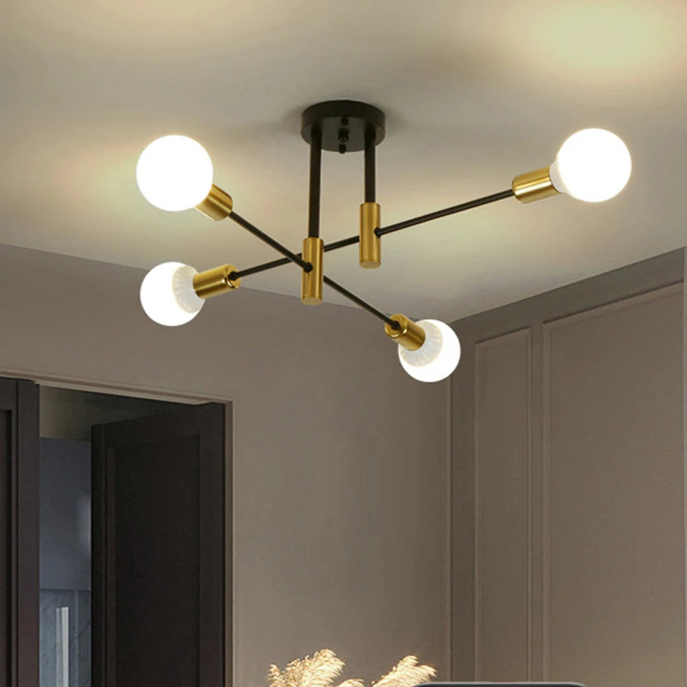 Ceiling Pendant Light, Industrial Semi built-in Ceiling 4 Lights Vintage Pendant Light E27 Black and gold Ceiling Light for Living Room Kitchen Bedroom Dining Room (Bulb Not Included)