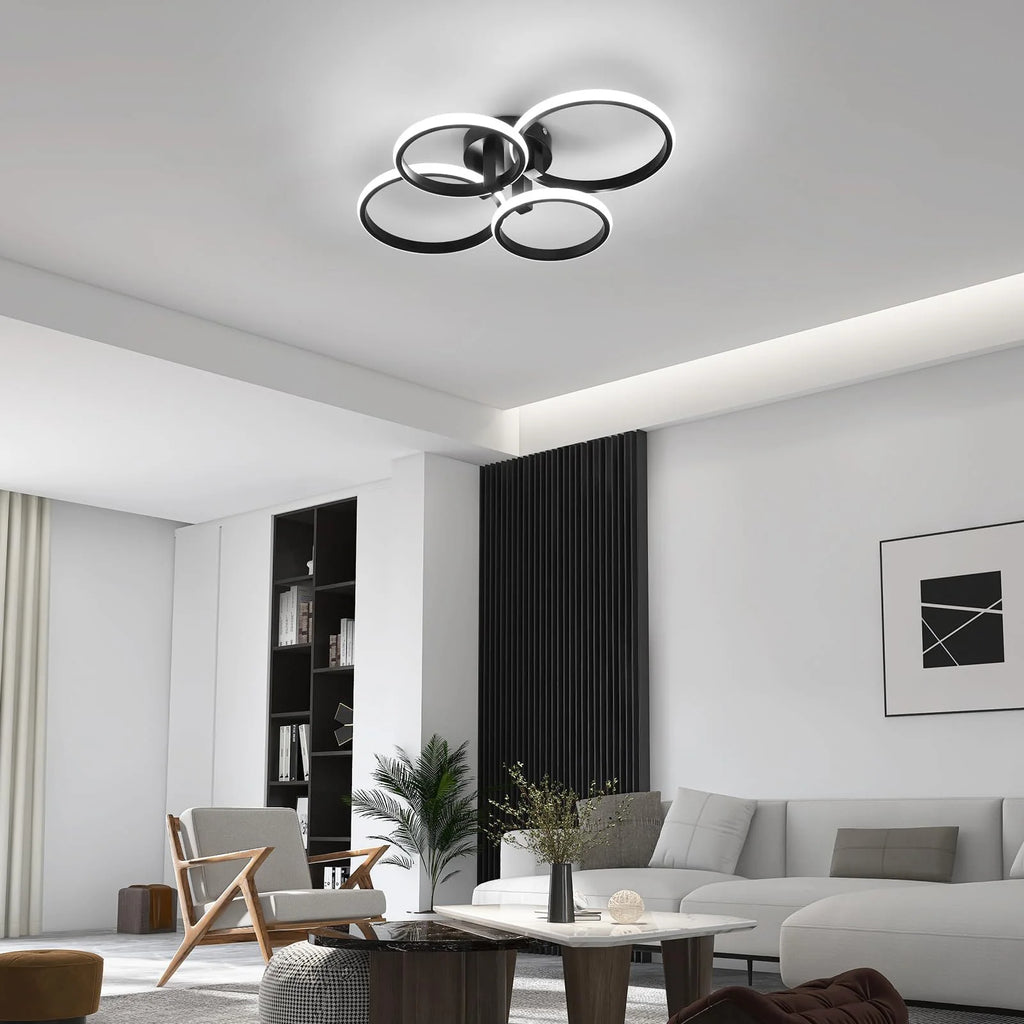 Modern 4-Ring LED Ceiling Light, 76W Dimmable 3 Color Change Flush Mount Lamp with Remote Control Black Fixture for Living Room Bedroom