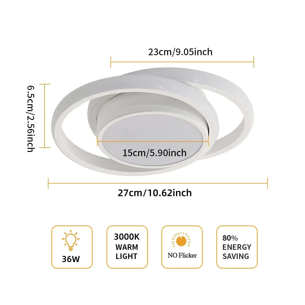 LED Ceiling Light, 36W 3240LM Modern Ceiling Light Dual-Round,Aluminum Close to Ceiling Light Fixture for Bedroom