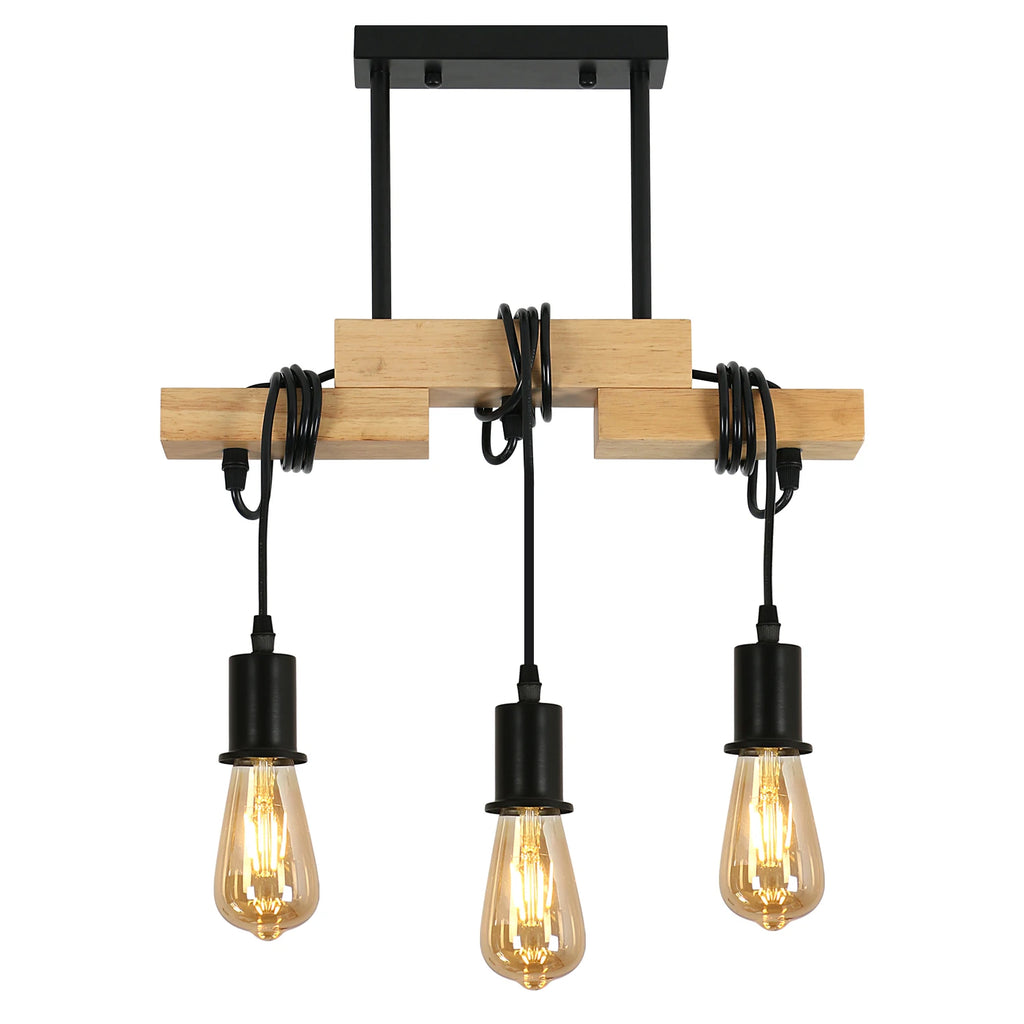 Vintage Chandelier,Retro Pendant Lamp in Wood and Black Metal,E27 Base Wire Wrapped Pendant Lamp (Bulb not included)