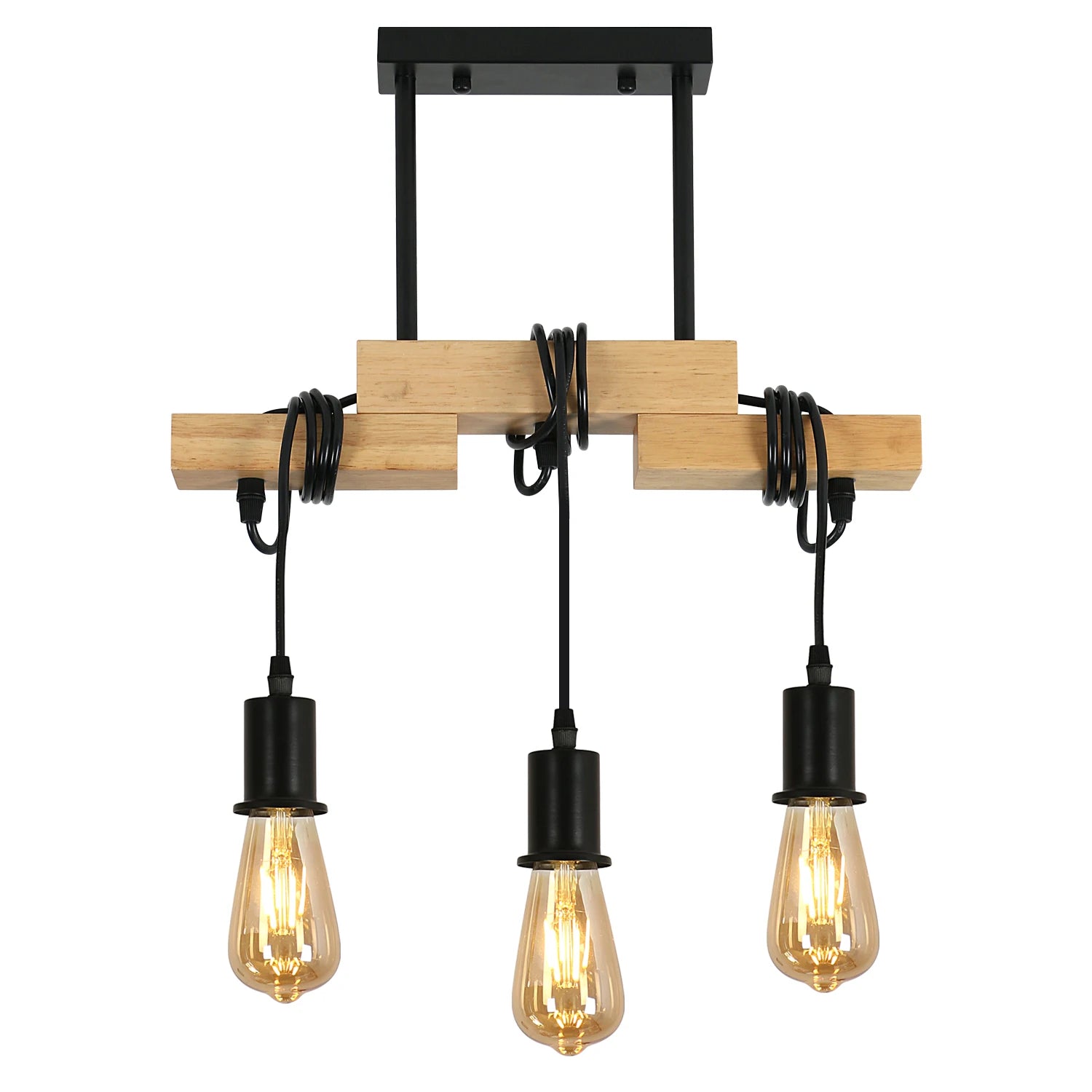 Vintage Chandelier,Retro Pendant Lamp in Wood and Black Metal,E27 Base Wire Wrapped Pendant Lamp (Bulb not included)