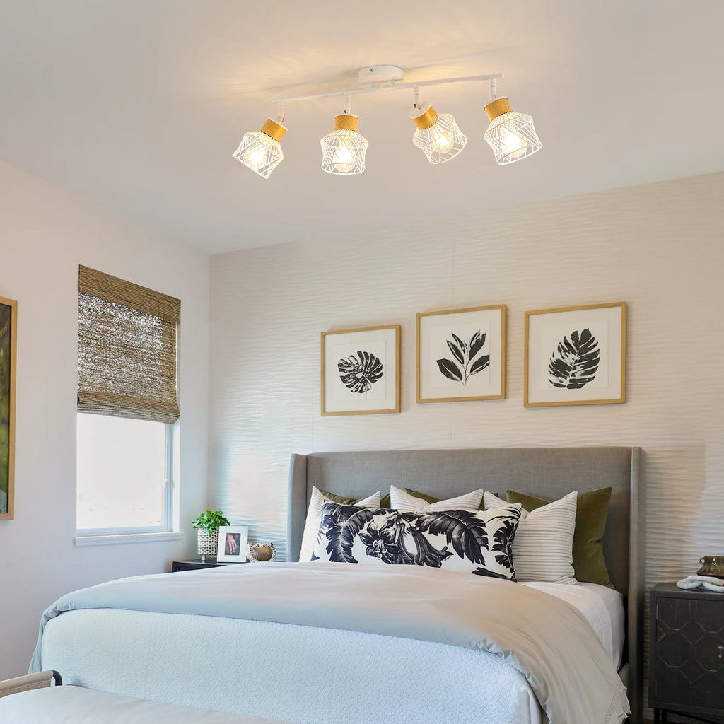 4 Way Adjustable Metal Wire Cage Rotatable Ceiling Lights,E27 Base Spot Light Fittings for Bedroom（Bulb not included）