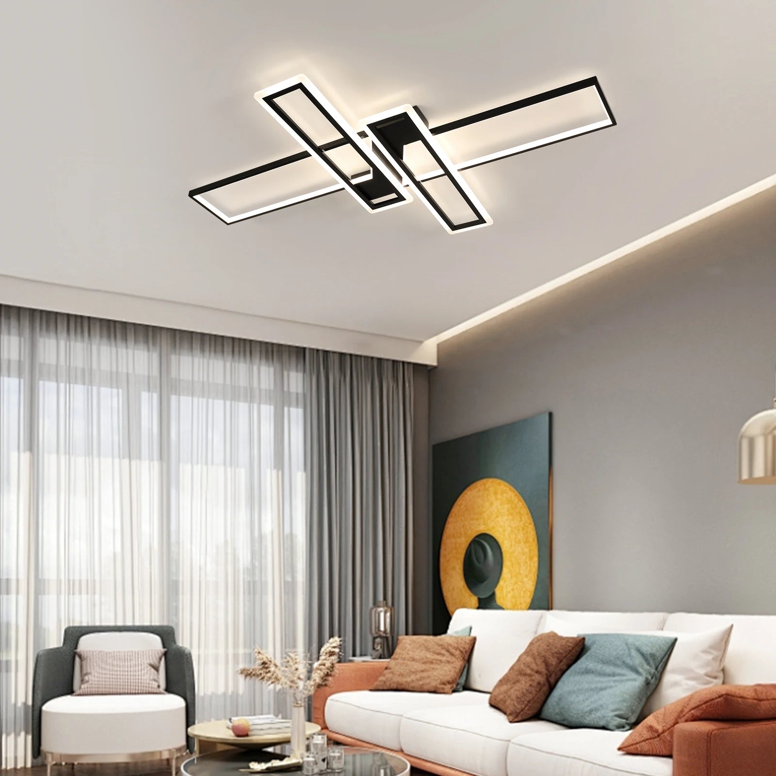 Modern Geometric LED Ceiling Ligh, 4500K Neutral White Light Non Dimmable Flush Mount Ceiling Lamp Black Linear Fixture For Living Room Bedroom Hallway Kitchen Indoor Home Lighting