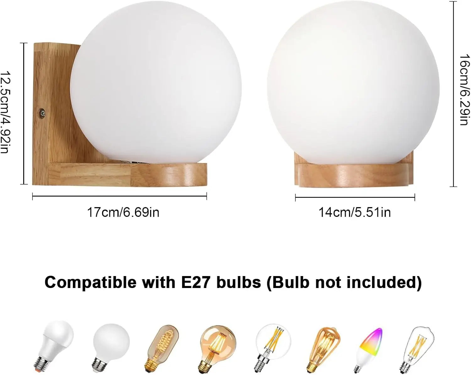 Nordic Solid Wood Wall Lamp, Globe Glass Lampshade Wall Sconce Without Bulb Indoor Bedroom Bedside Corridor Decor Wall Light Fixture