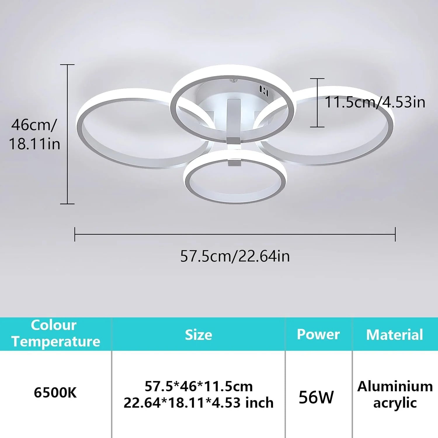 Modern LED Ceiling Light,56W 6300LM Ceiling Light 4 Round Ring Chandelier for Living Room,Cool White 6500K