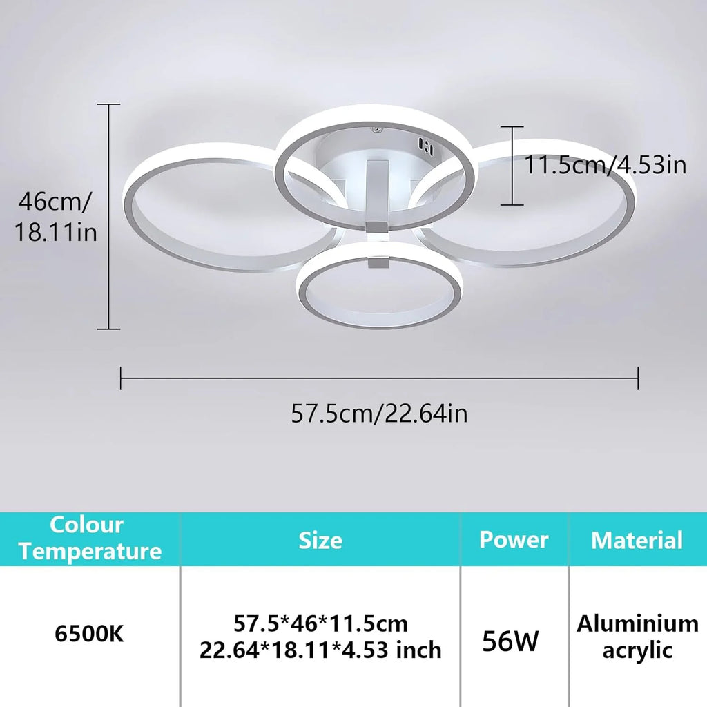 Modern LED Ceiling Light,56W 6300LM Ceiling Light 4 Round Ring Chandelier for Living Room,Cool White 6500K