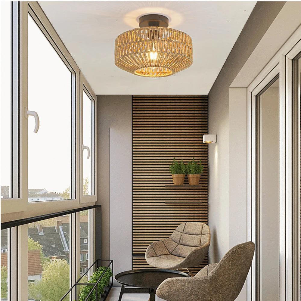 Rattan Ceiling Light Lighting,Hand Woven Ceiling Lamp Flush Mount Ceiling Lights Vintage Lighting Fixtures（Bulb not included）