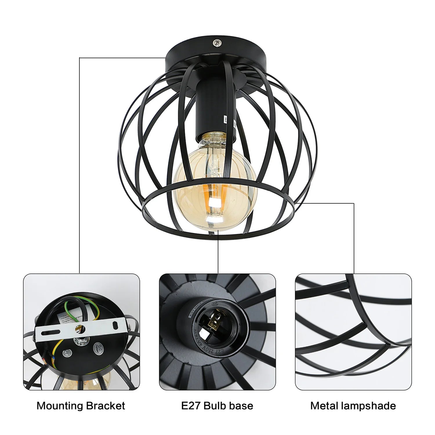 Iron Cage Pendant Ceiling Lampshade with E27 Holder,Vintage Ceiling Light Semi Flush Mount for Living Room（Bulb Not Included)