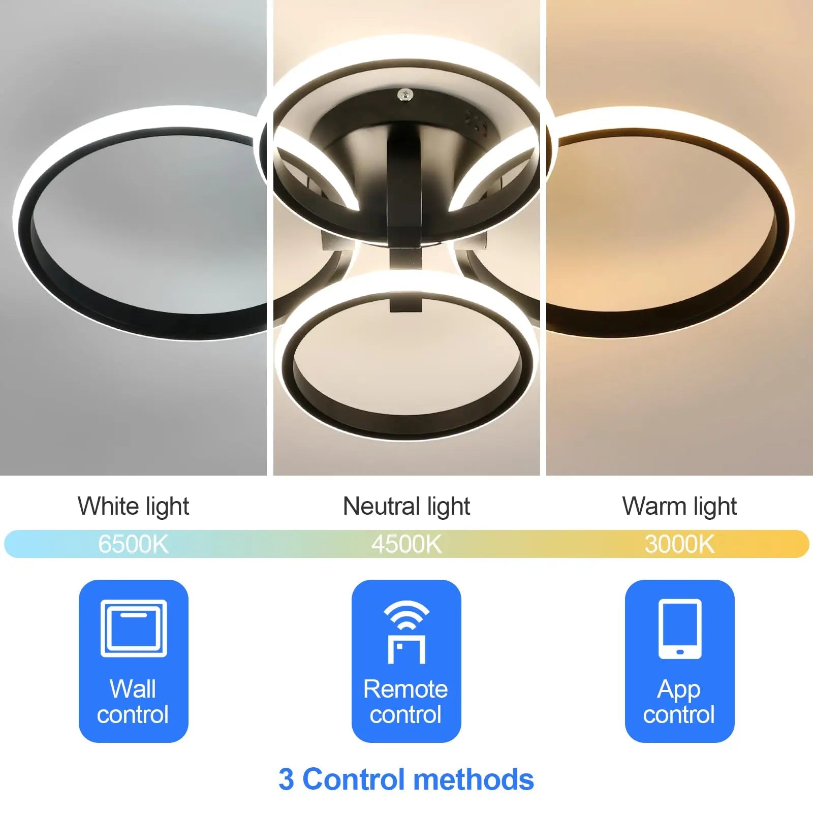 Modern 4-Ring LED Ceiling Light, 76W Dimmable 3 Color Change Flush Mount Lamp with Remote Control Black Fixture for Living Room Bedroom