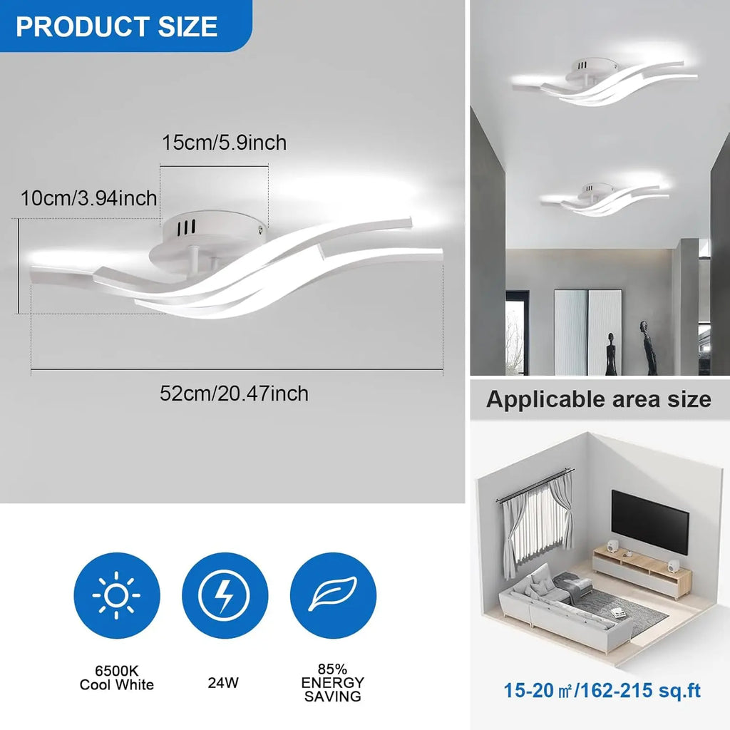 LED Ceiling Light,24W 2700LM 3-Curved Ceiling Lamp,Modern LED Lights Fixtures for Living Room Kitchen Bedroom Corridor,Cold White Light 6500K, Long 52cm