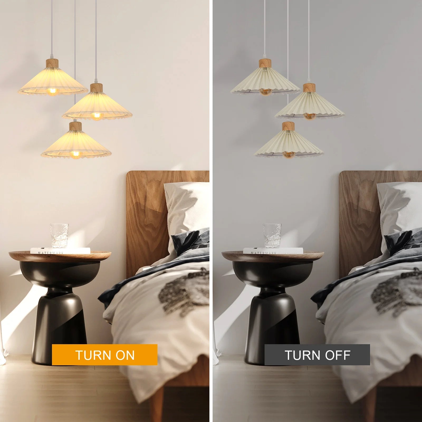 Nordic Pendant Lamp,Chandelier with Pleated Fabric and Wood,3 Lights with 1.2 m Adjustable Cable,E27 Socket（Bulb not included）
